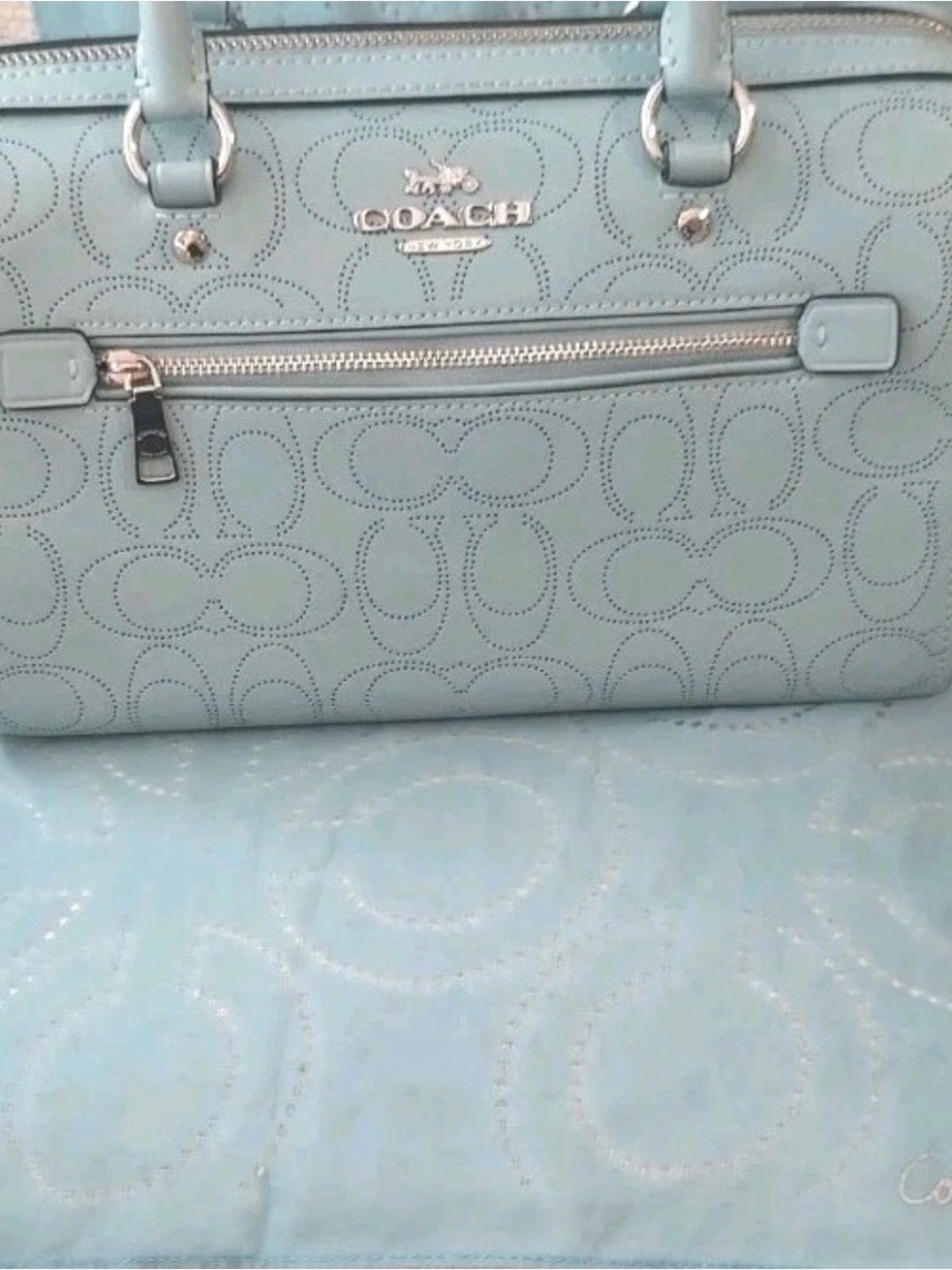 Coach Rowan Sky Blue Perforated Leather Bag with Scarf Accent - Picture 4 of 16